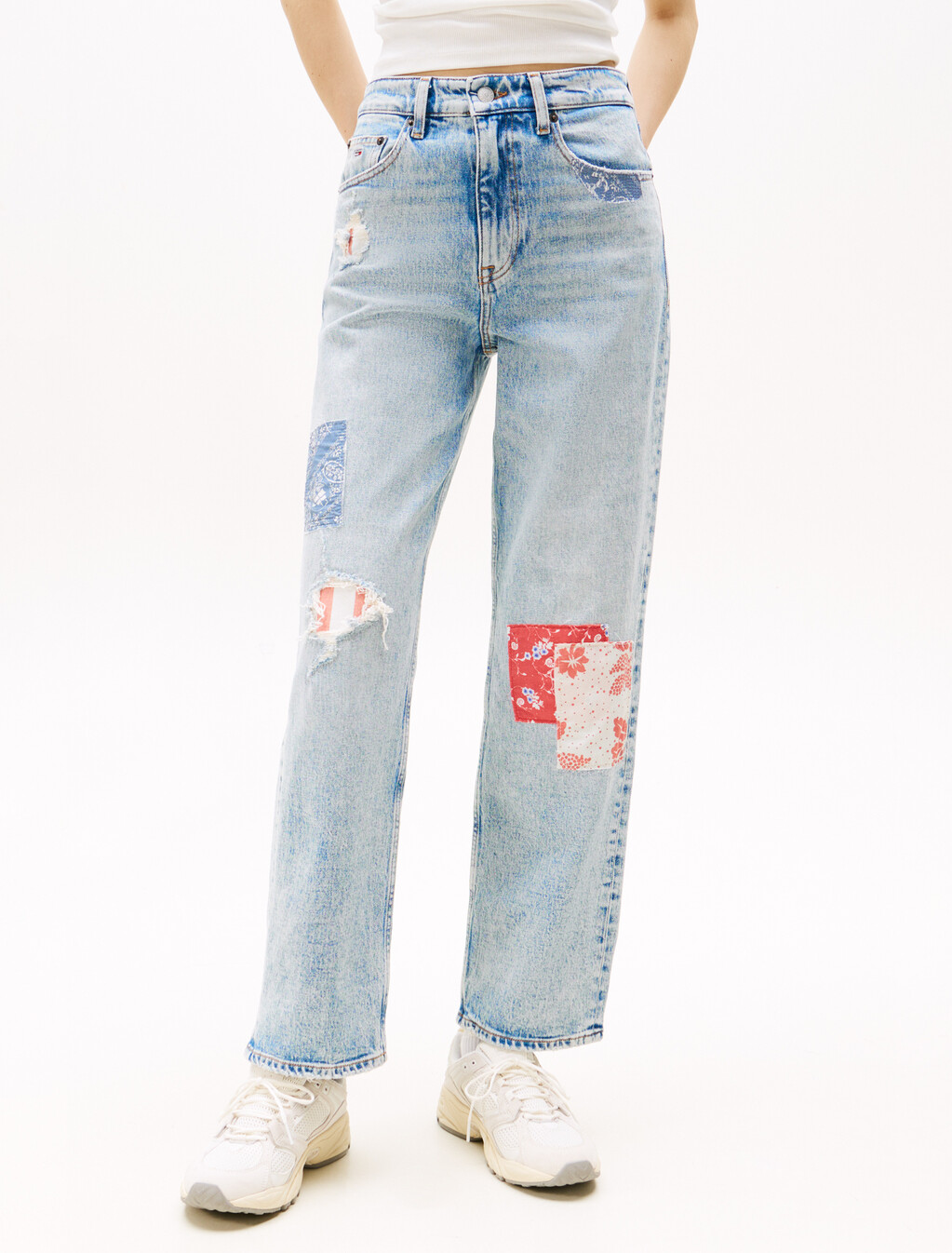 Patchwork High Rise Slim Straight Jeans, Denim Light, hi-res