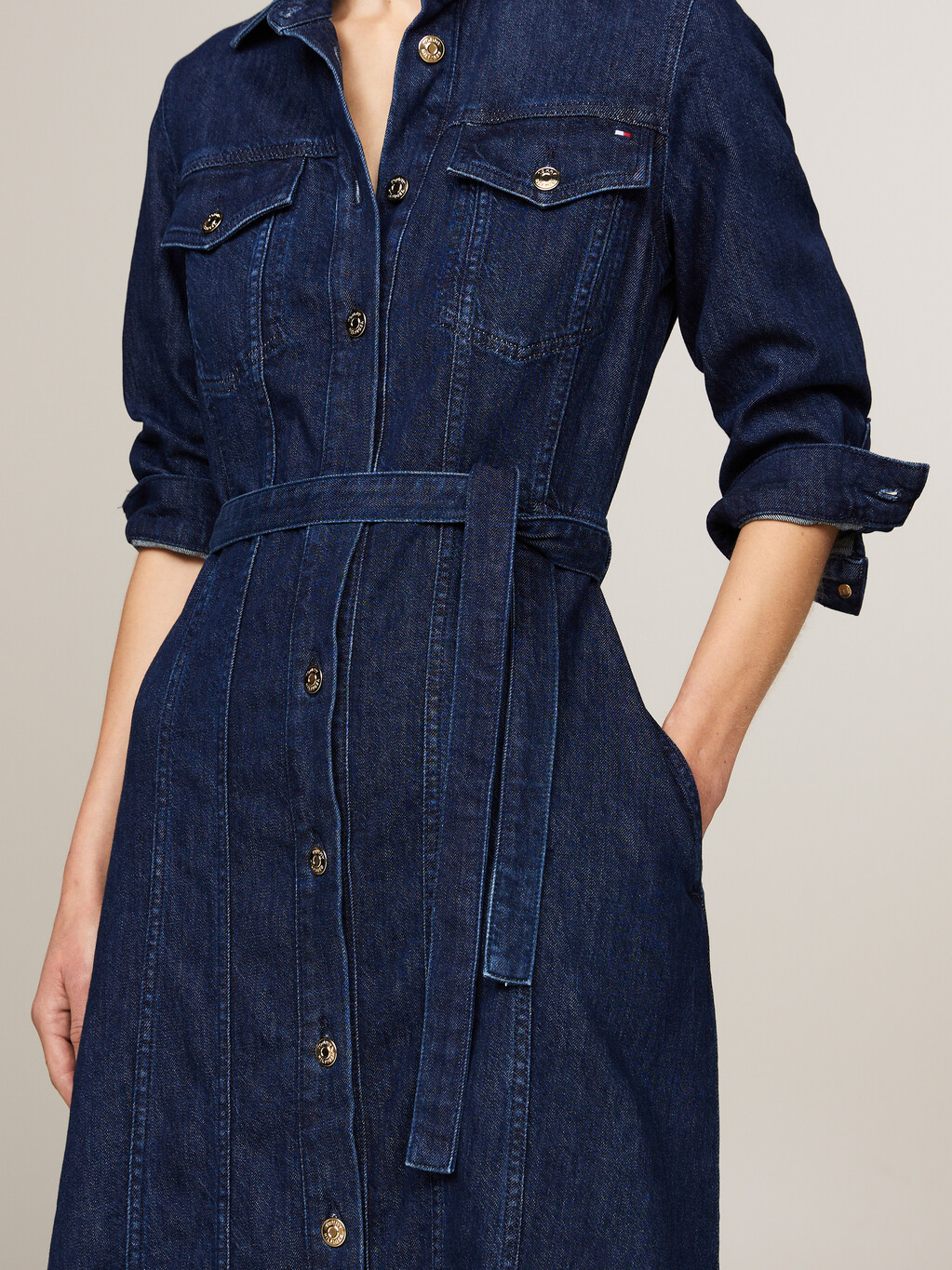 Belted Denim Midi Dress, Cler, hi-res