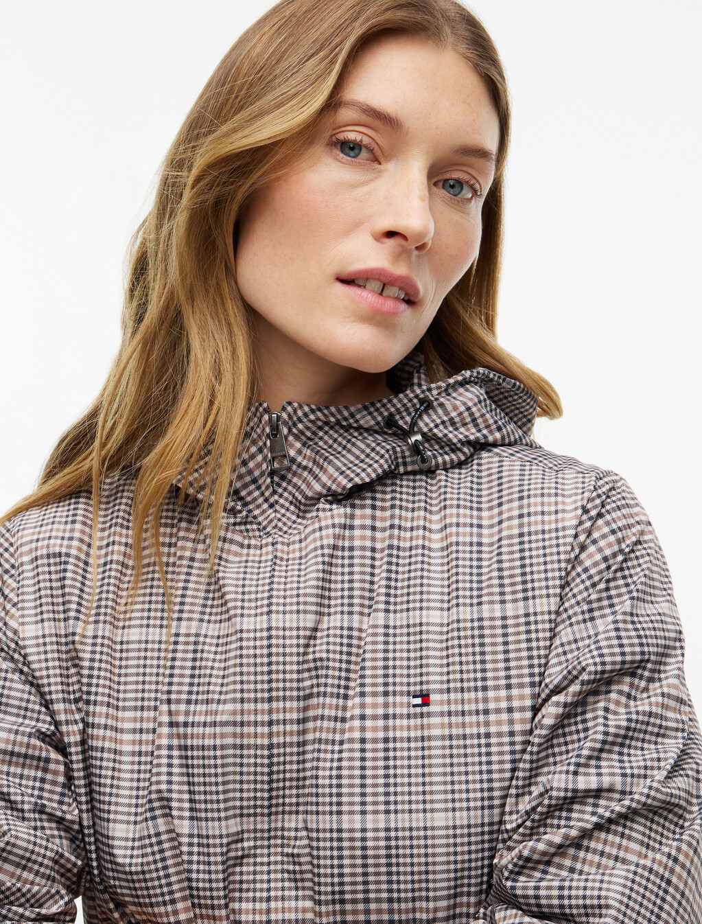 Water Repellent Lightweight Hooded Windbreaker, Small Brown Check, hi-res