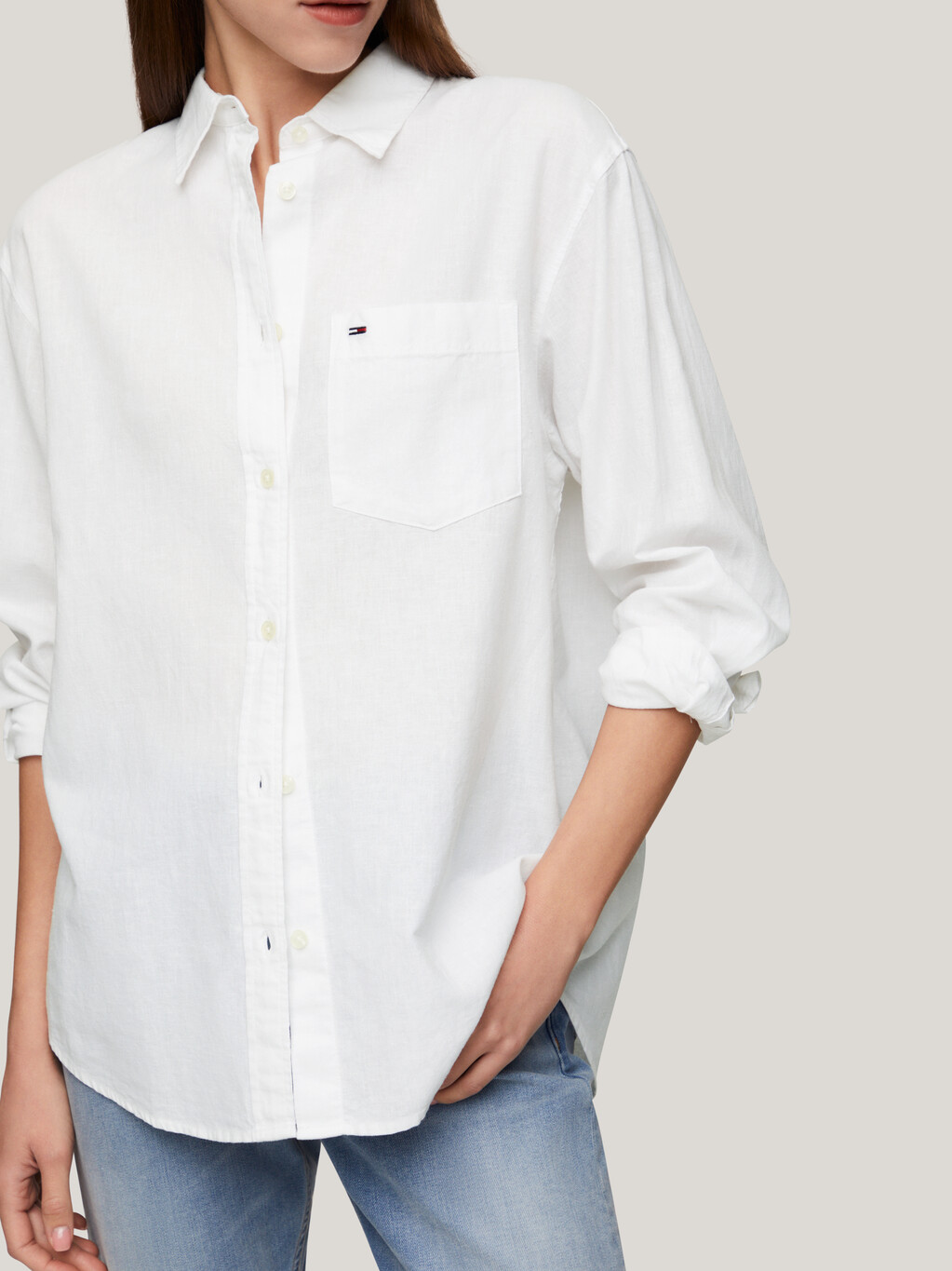 Collared Patch Pocket Boyfriend Shirt, White, hi-res