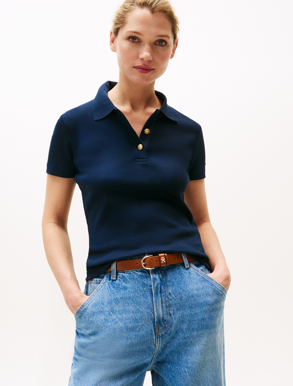 Gold-Tone Button Slim Polo Shirt, Dark Night Navy, hi-res