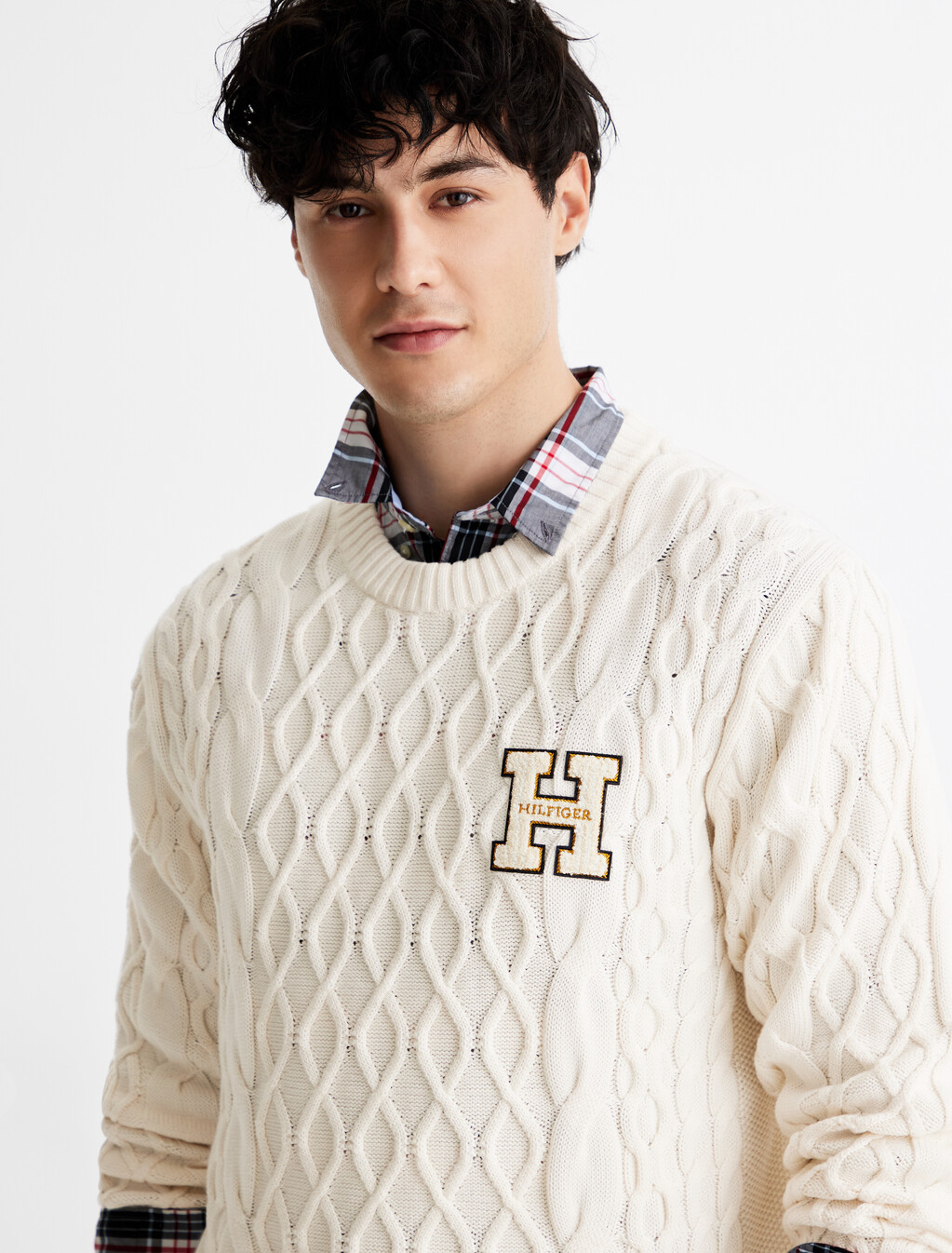Cable Knit Letterman Applique Sweater, Ivory Petal, hi-res