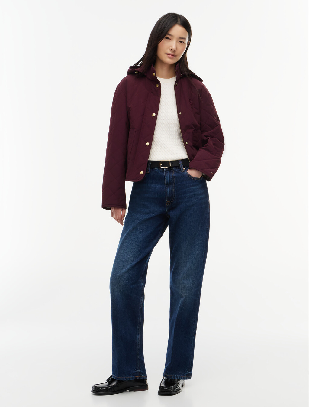 Crest Embroidery Square Quilted Hooded Jacket, Deep Burgundy, hi-res