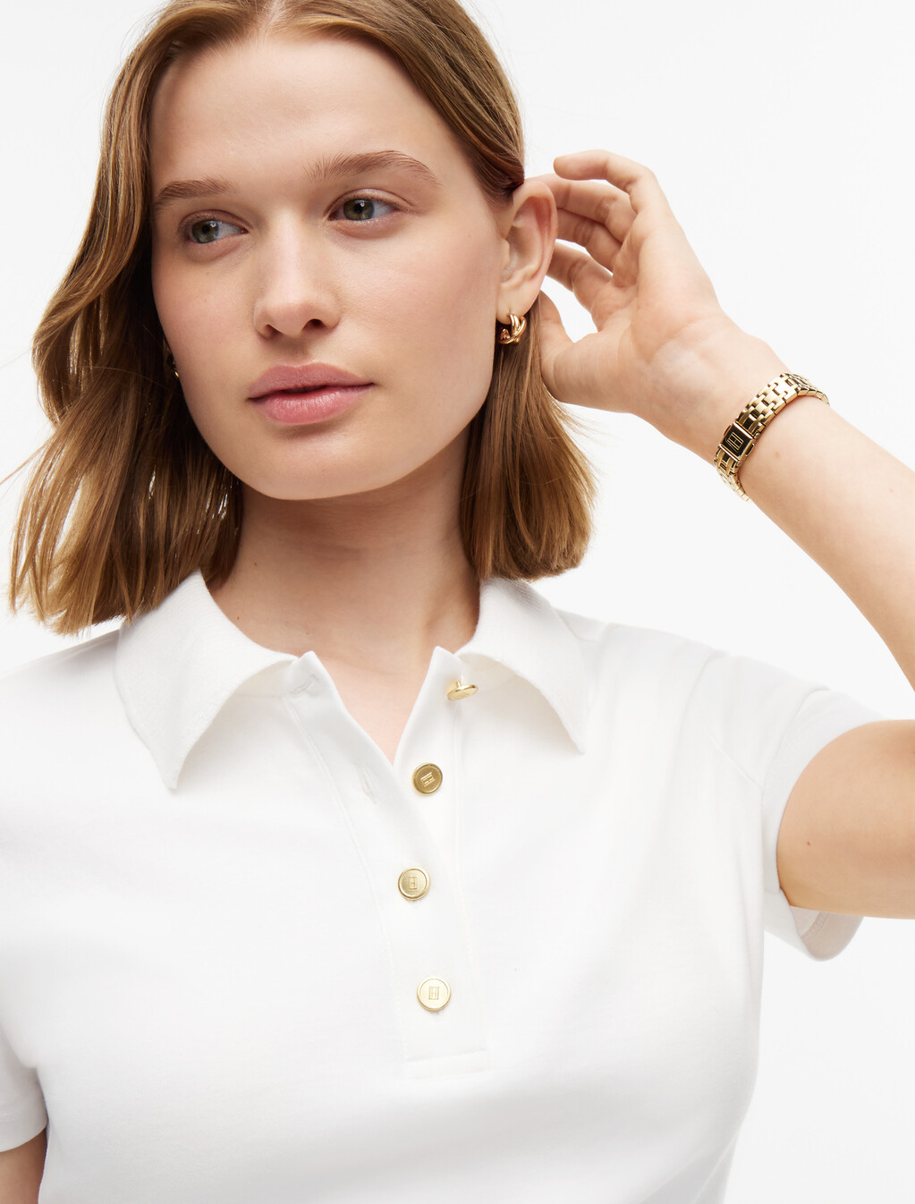 Slim Fit Gold-Tone Button Polo Shirt, Ecru, hi-res