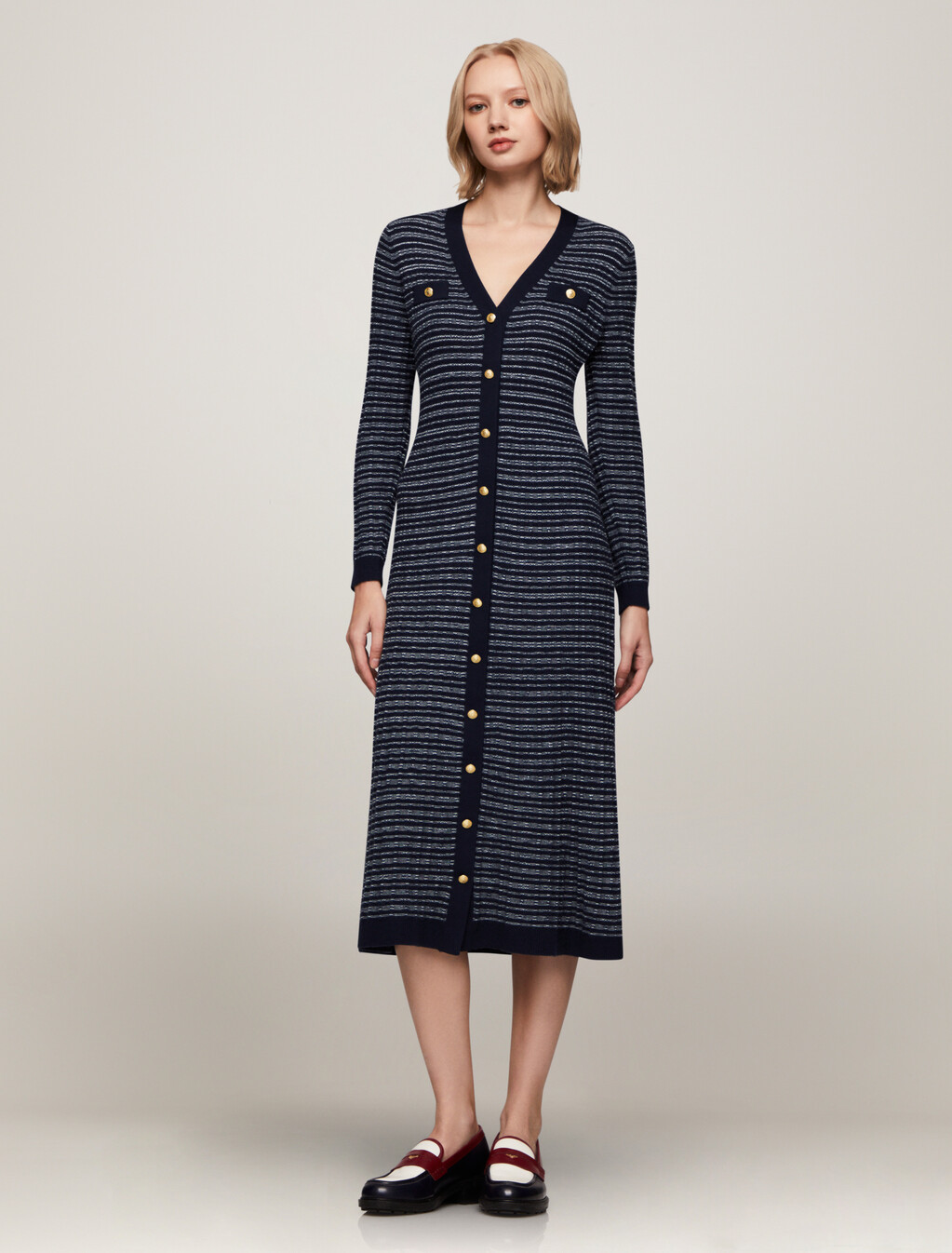 Textured V Neck Knit Sweater Dress, Navy/ Ivory Texture Stp, hi-res