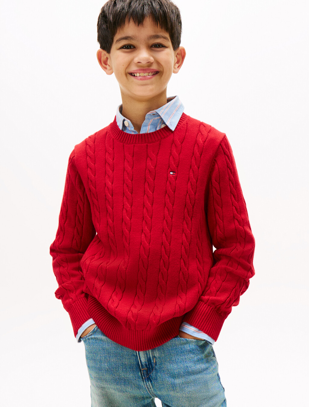 Cable Knit Crew Neck Jumper, Medium Red, hi-res