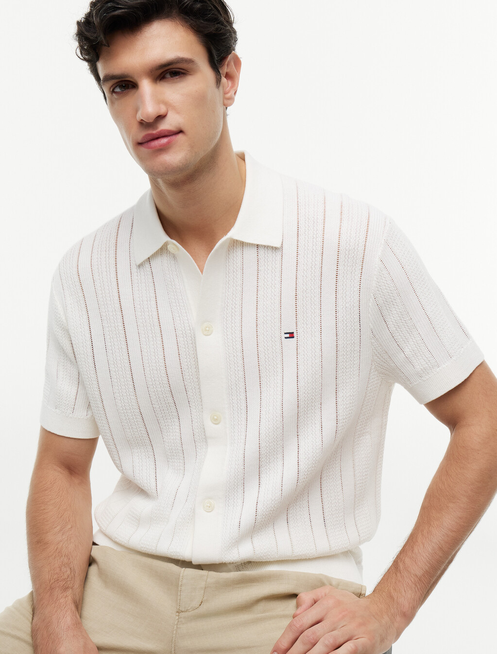 Relaxed Pointelle Short Sleeve Shirt With Linen, Ivory Petal, hi-res