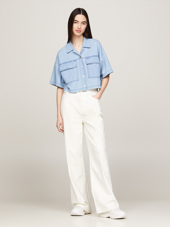 Cropped Button-Down Shirt in Blue, Red and Tan Chambray Color