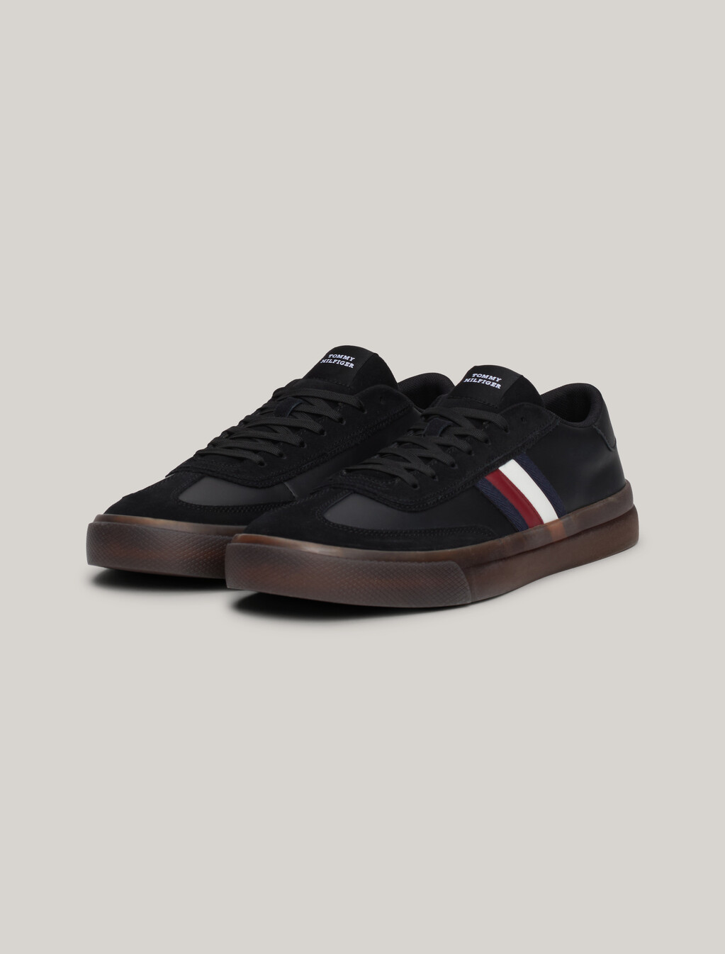 Leather Signature Tape Lace-Up Trainers, Black, hi-res