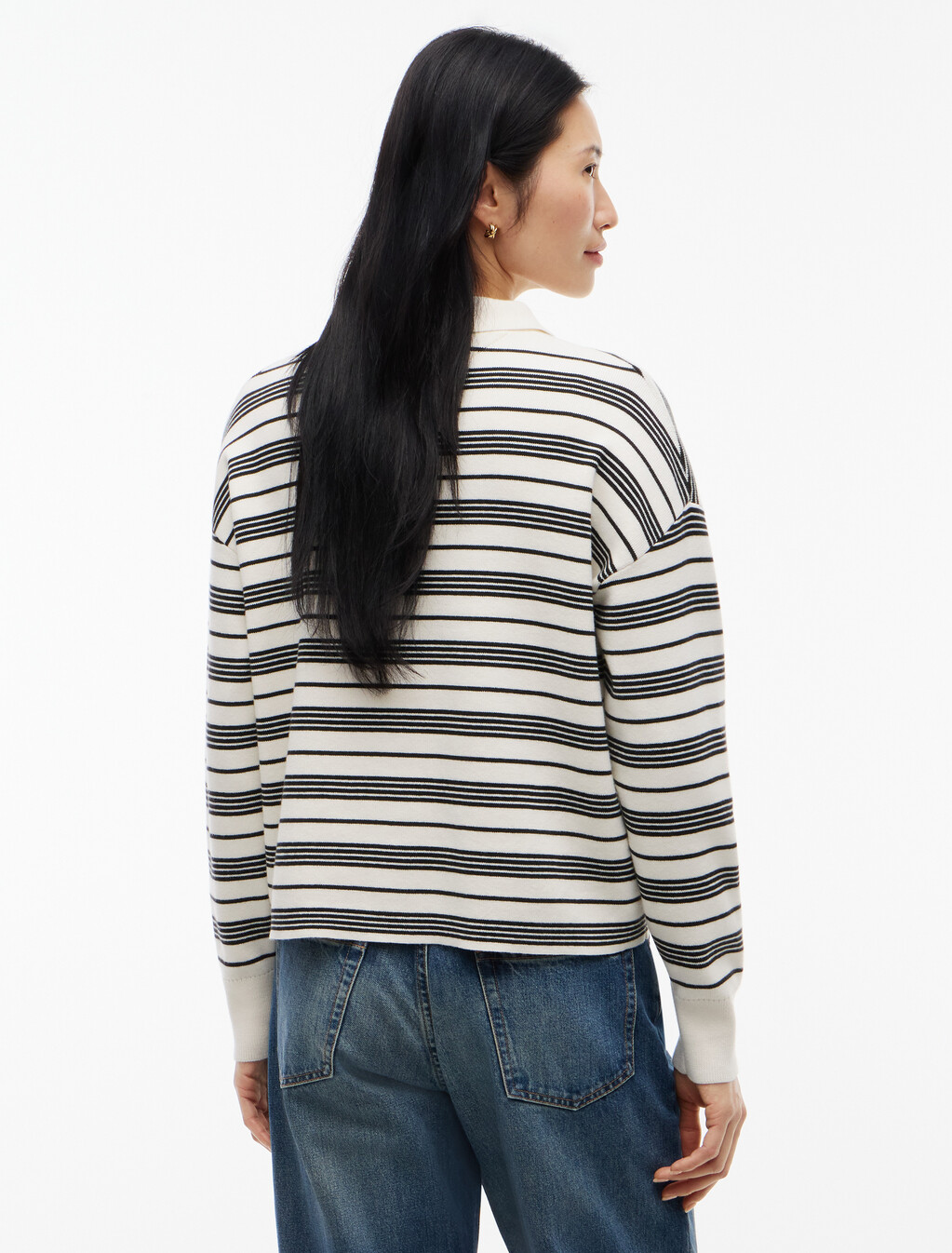 Premium Knit Gold-Tone Button Polo Jumper, Broken Stripe Ecru / Black, hi-res