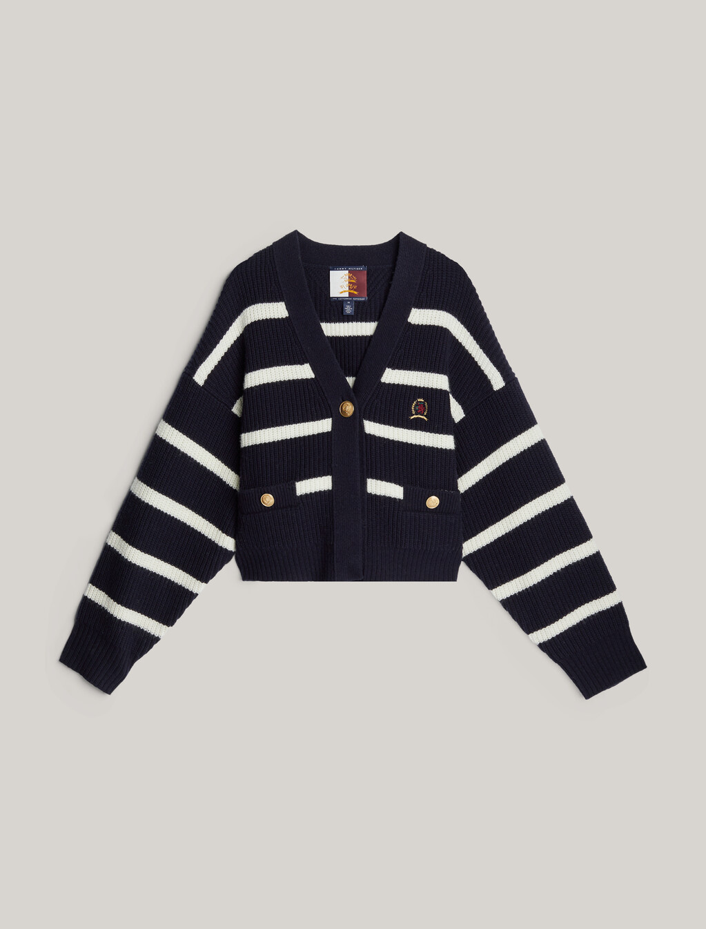 Crest Breton Stripe Pure Wool Cardigan, Desert Sky, hi-res