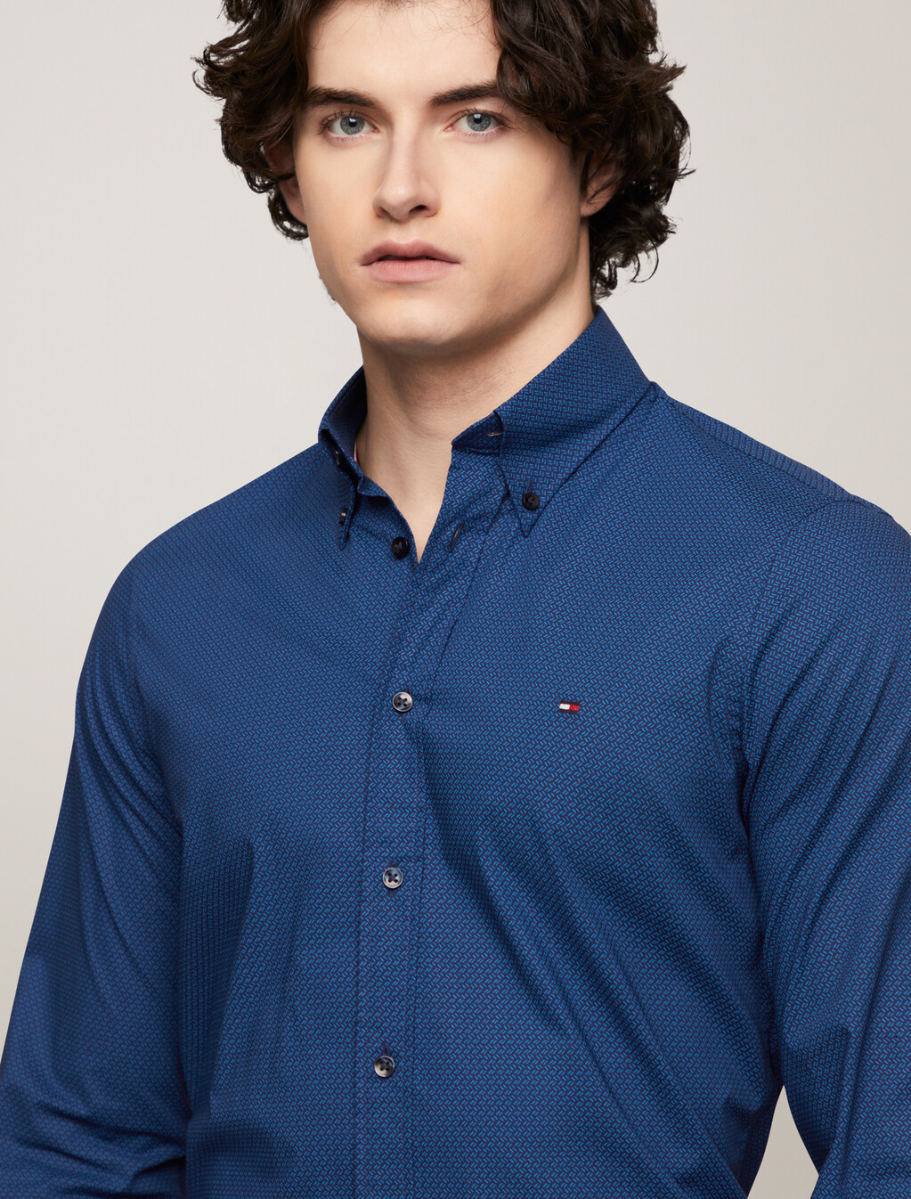 Stretch Micro Print Slim Shirt, Dark Navy / Multi, hi-res