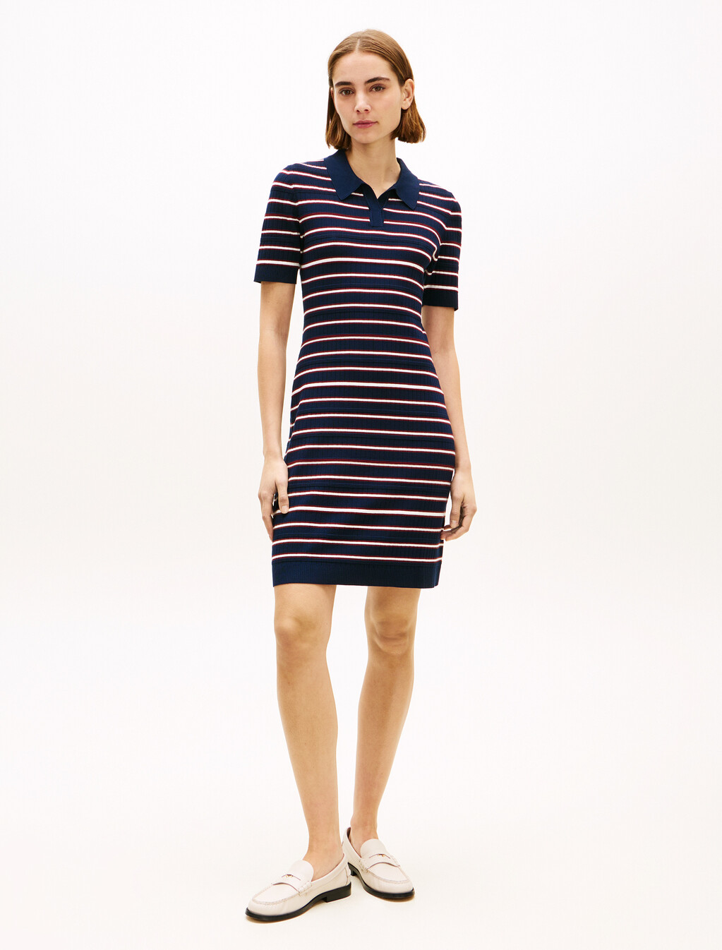 Asia Fit Knitted Fit & Flare Polo Dress, Preppy Stripe Dark Night Navy, hi-res
