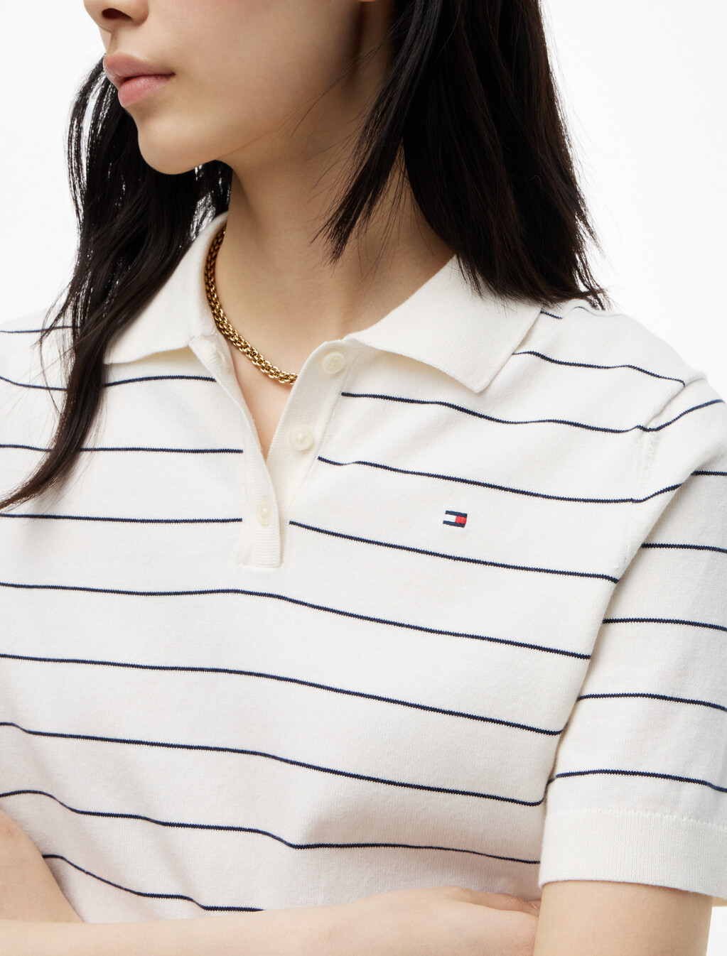 Flag Embroidery Knit Boxy Polo Jumper, Ivory Petal/Dark N Navy Stp, hi-res