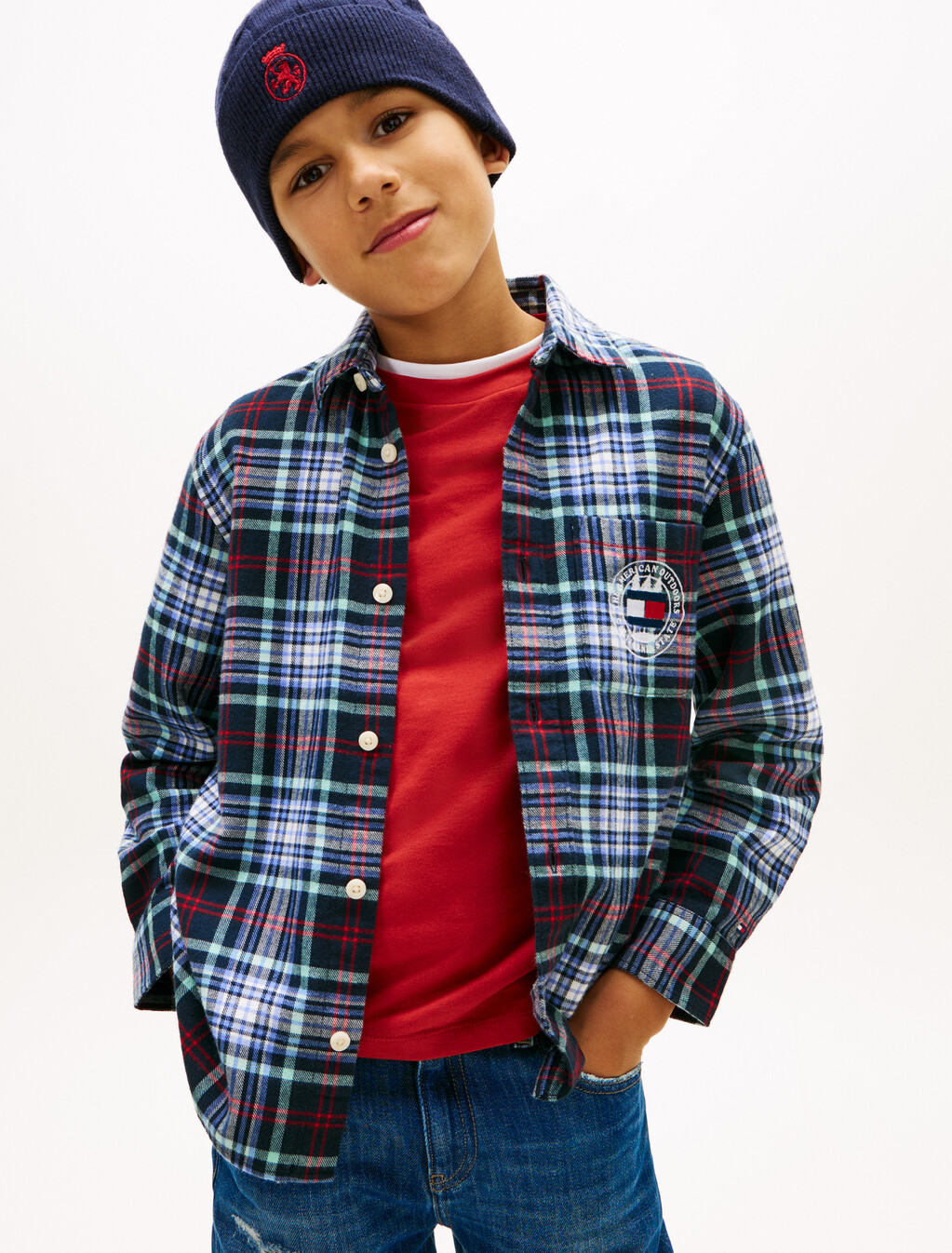 Regular Fit Logo Embroidery Check Shirt, Dark Night Navy Check, hi-res