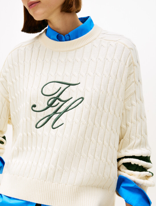 Logo Embroidery Relaxed Cable Knit Jumper