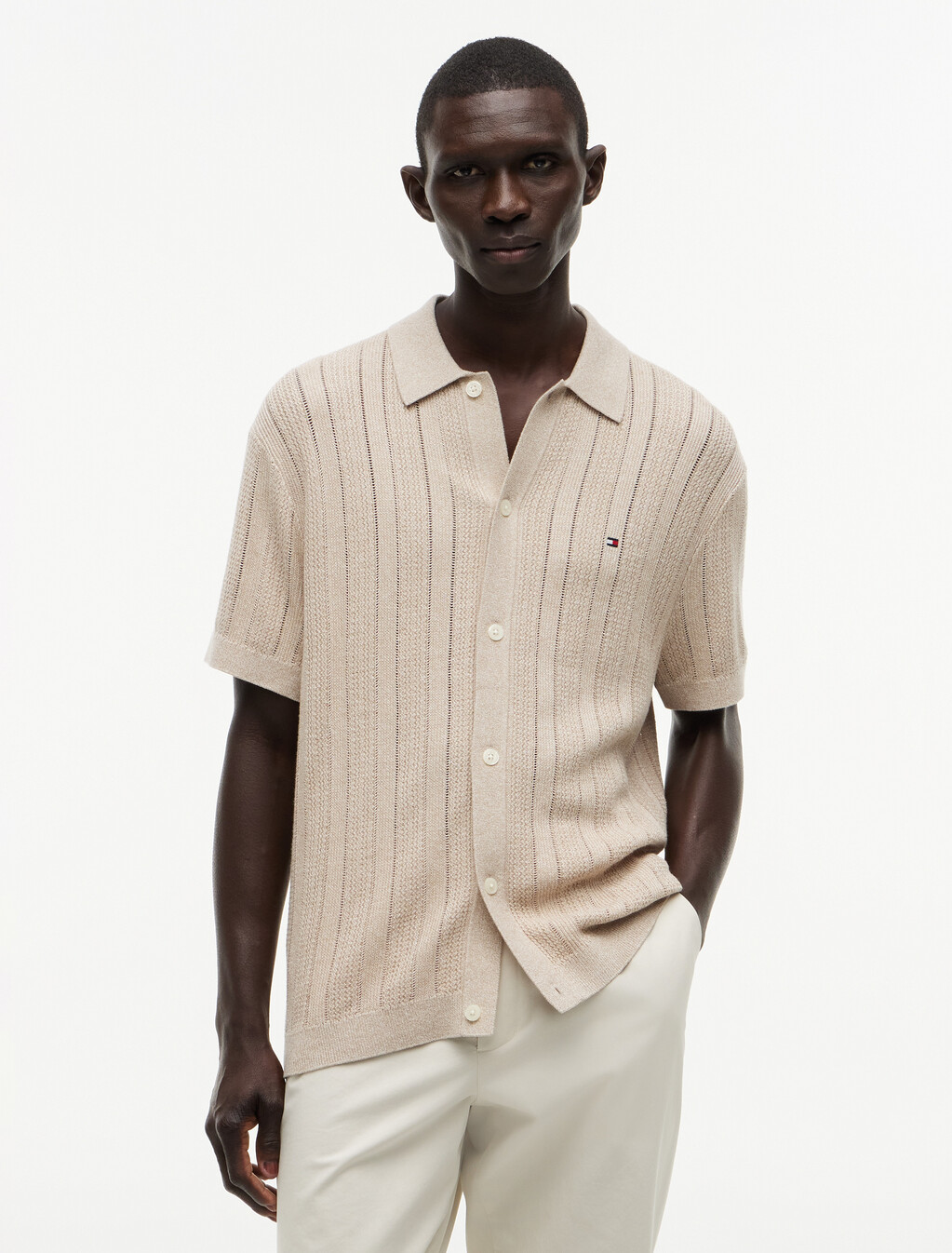 Relaxed Pointelle Short Sleeve Shirt With Linen, Batique khaki Heather, hi-res