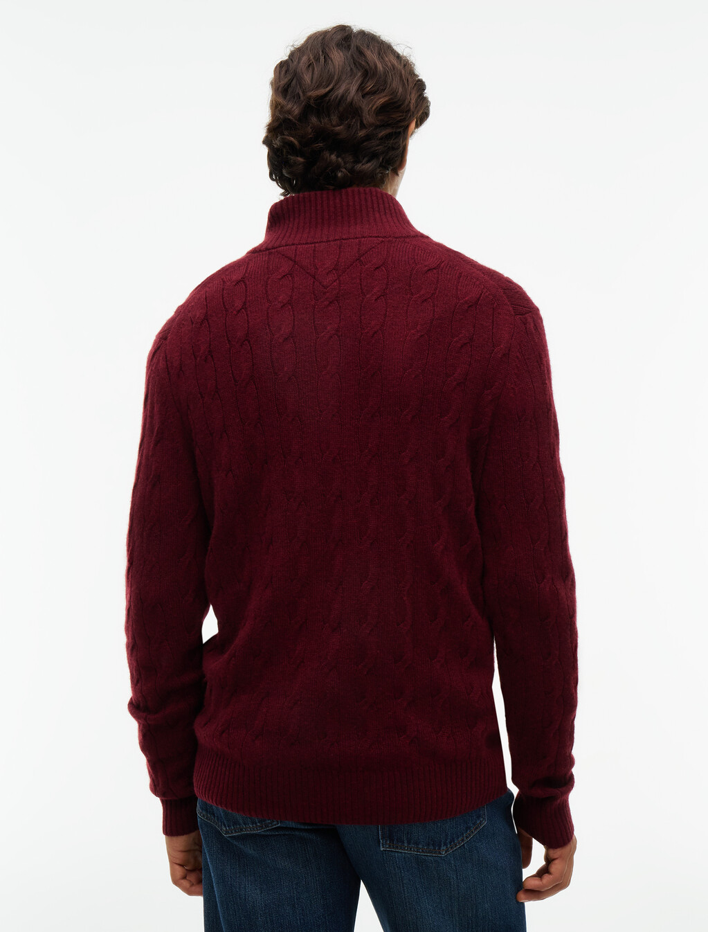 Pure Lambswool Cable Knit Quarter-Zip Jumper, Burgundy Heather, hi-res