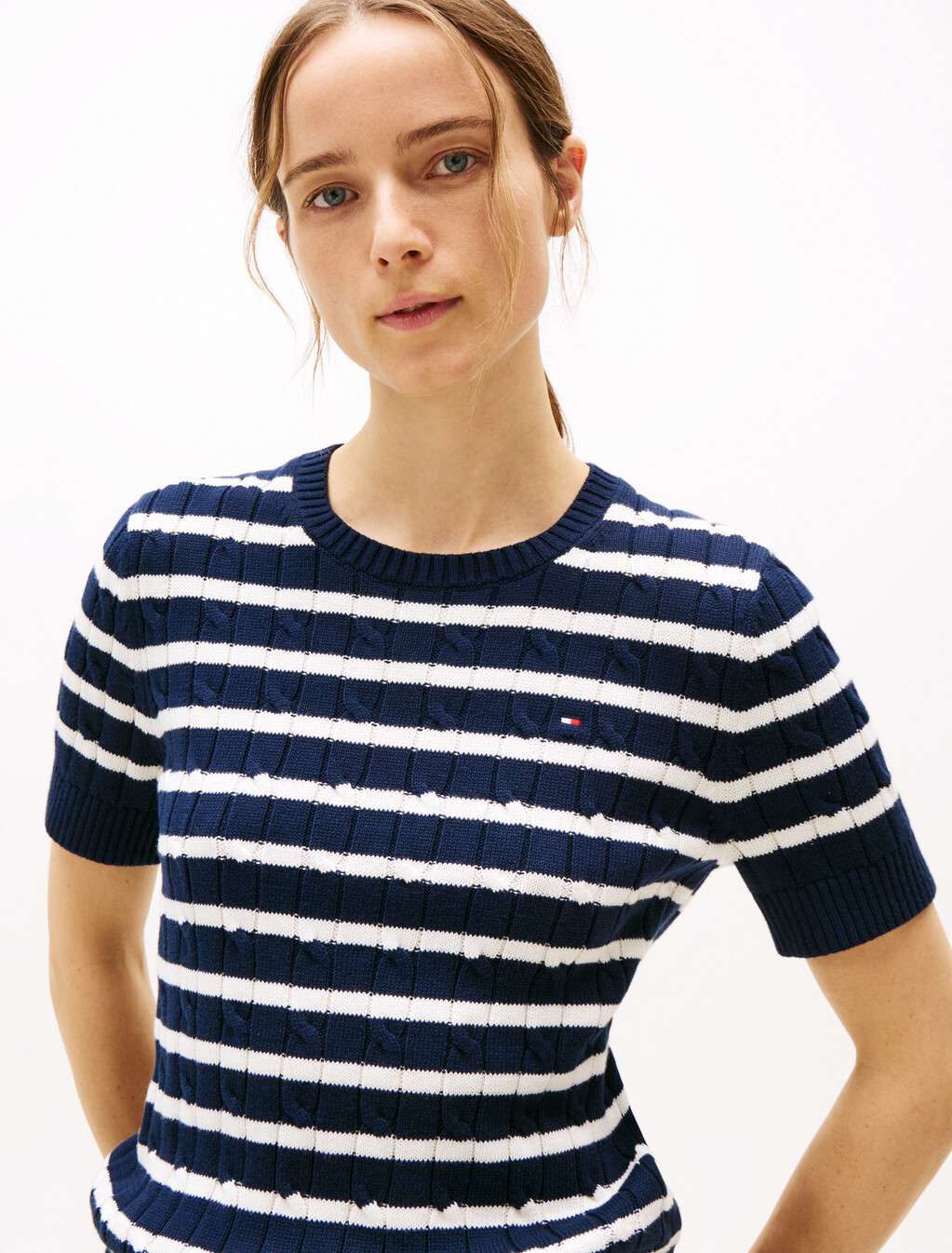 Cable Knit Short Sleeve Jumper, Dark Night Navy/Ivory Petal Stp, hi-res
