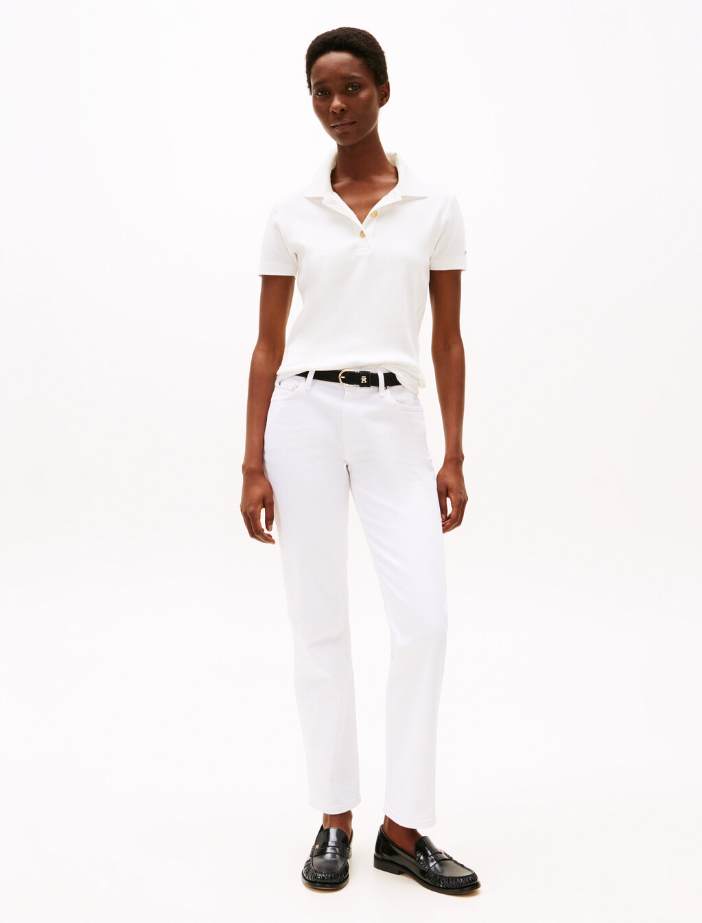 Gold-Tone Button Slim Polo Shirt, Ecru, hi-res