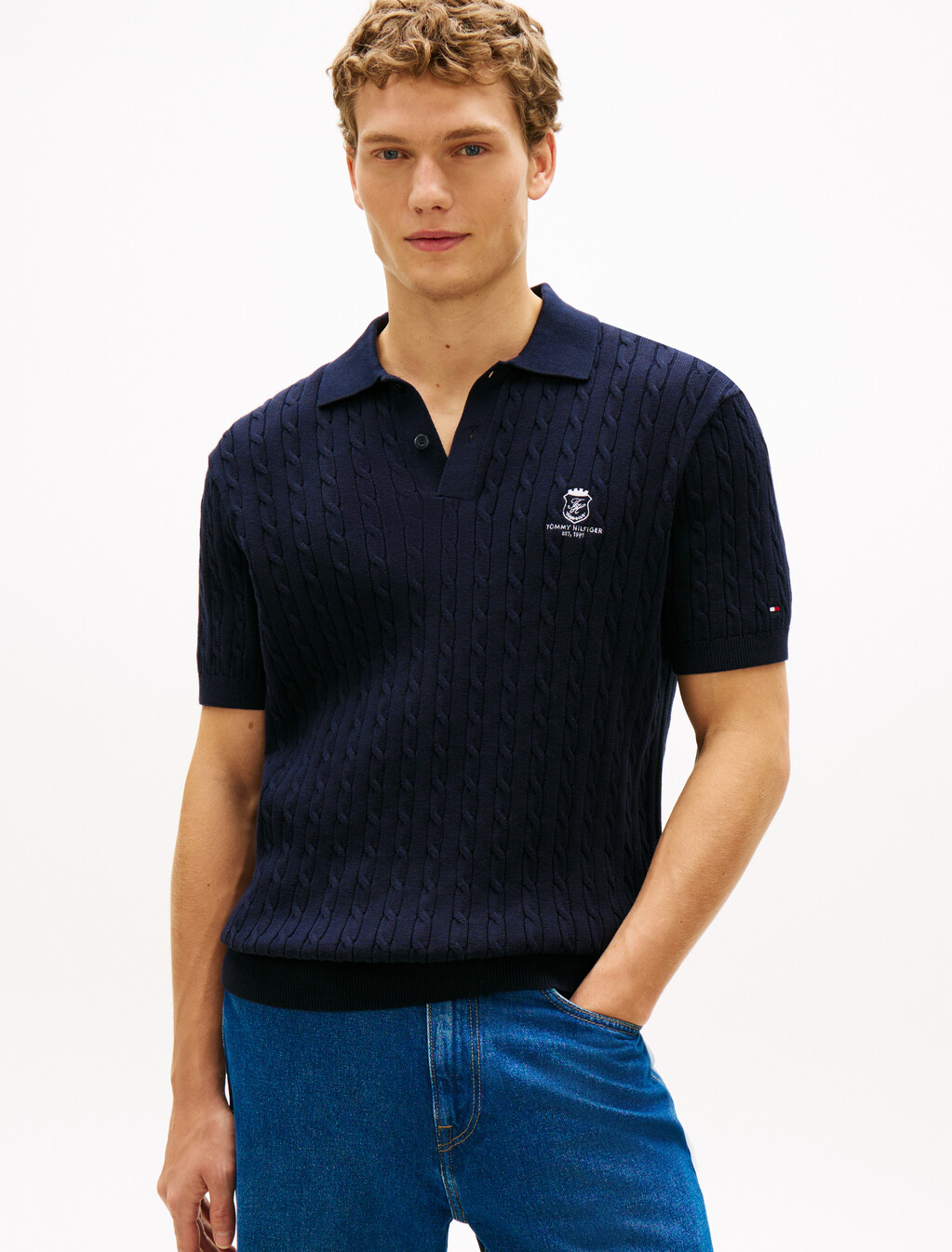 Regular Fit Embroidery Cable Knit Polo Shirt, Desert Sky, hi-res