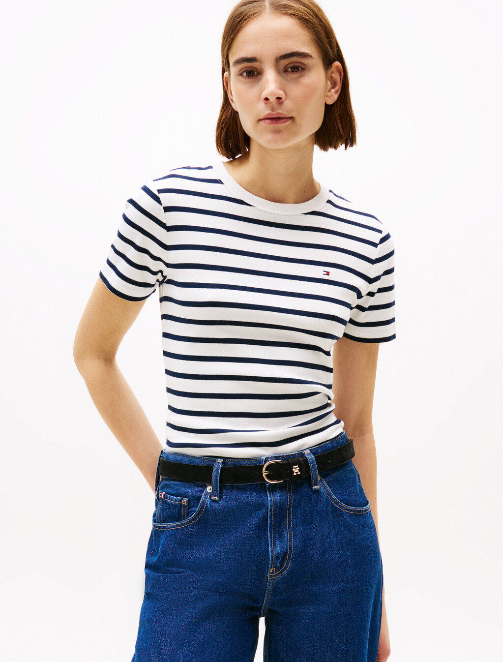 Flag Embroidery Ribbed Slim T-Shirt, Breton Dark Night Navy Stp, hi-res