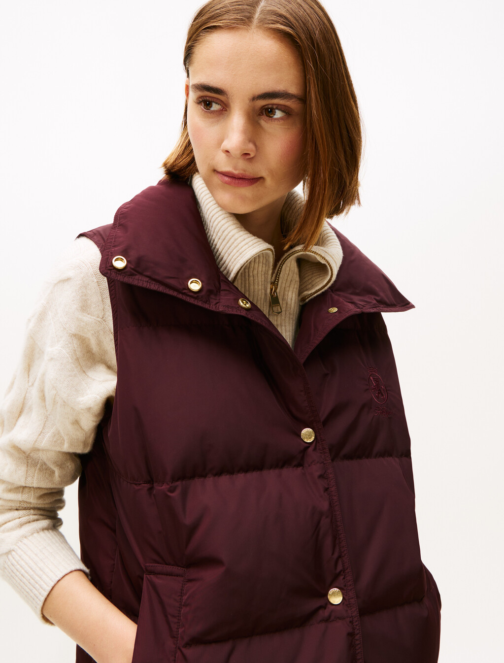 Crest Embroidery Down Vest, Deep Burgundy, hi-res