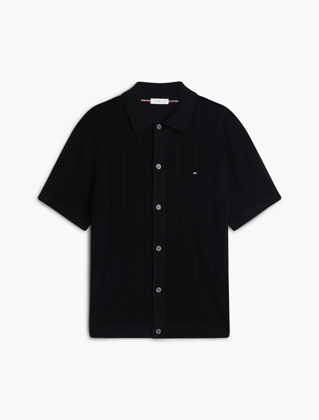 Relaxed Pointelle Short Sleeve Shirt With Linen, Black Heather, hi-res