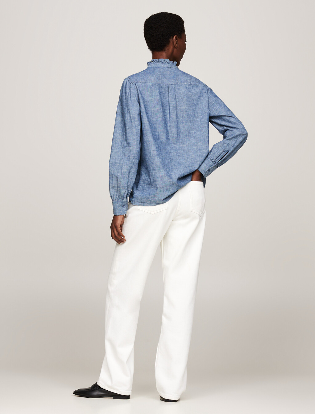 荷葉邊寬鬆青年布襯衫, Mid Blue Chambray, hi-res