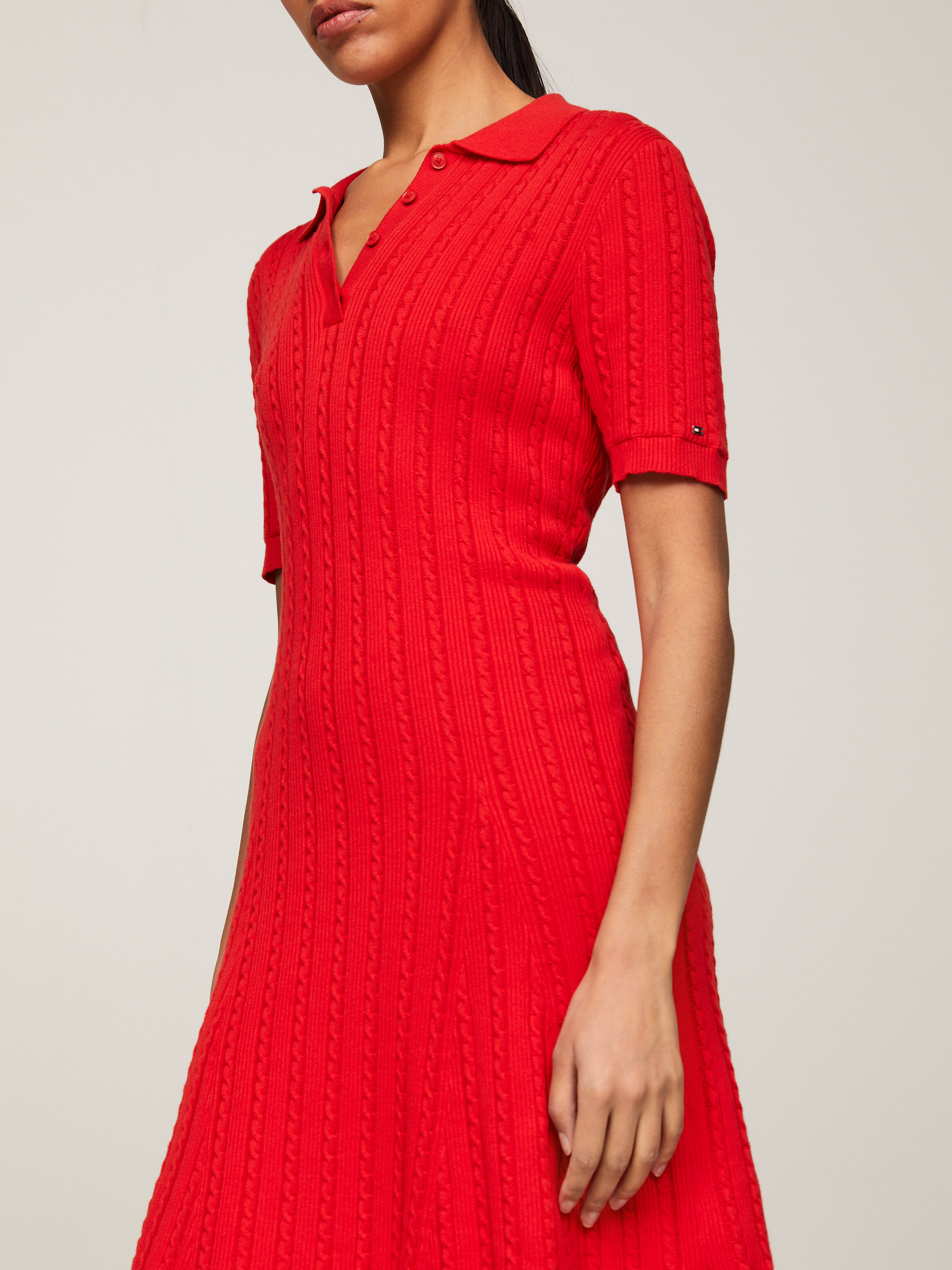 [ JEANS] Polo Sweater Dress ★人気★ Cable Knit Knee Length Polo Sweater Dress | red | Tommy