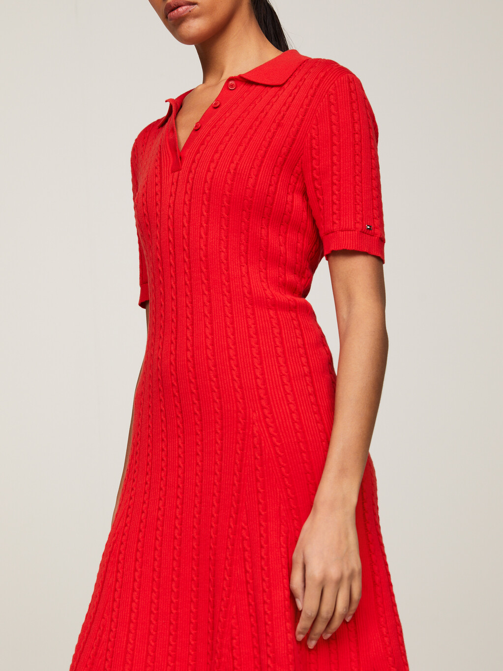 Cable Knit Knee Length Polo Sweater Dress, Fierce Red, hi-res