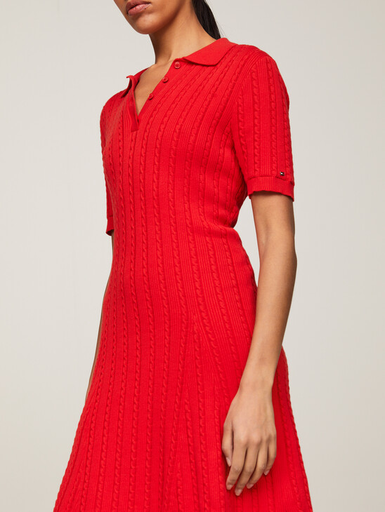 Cable Knit Knee Length Polo Sweater Dress
