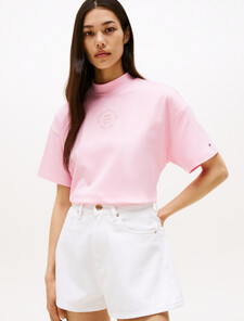 Stamp Print Relaxed Mock Neck T-Shirt, Classic Pink, hi-res