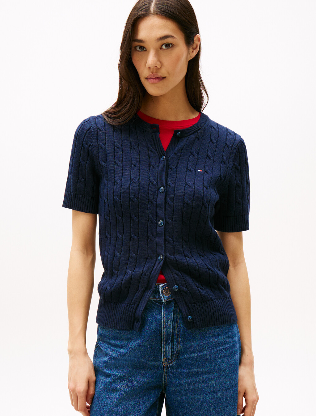 Cable Knit Short Sleeve Cardigan, Dark Night Navy, hi-res