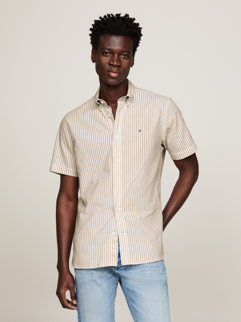 Stripe Regular Fit Short Sleeve Shirt, Beige / Optic White, hi-res