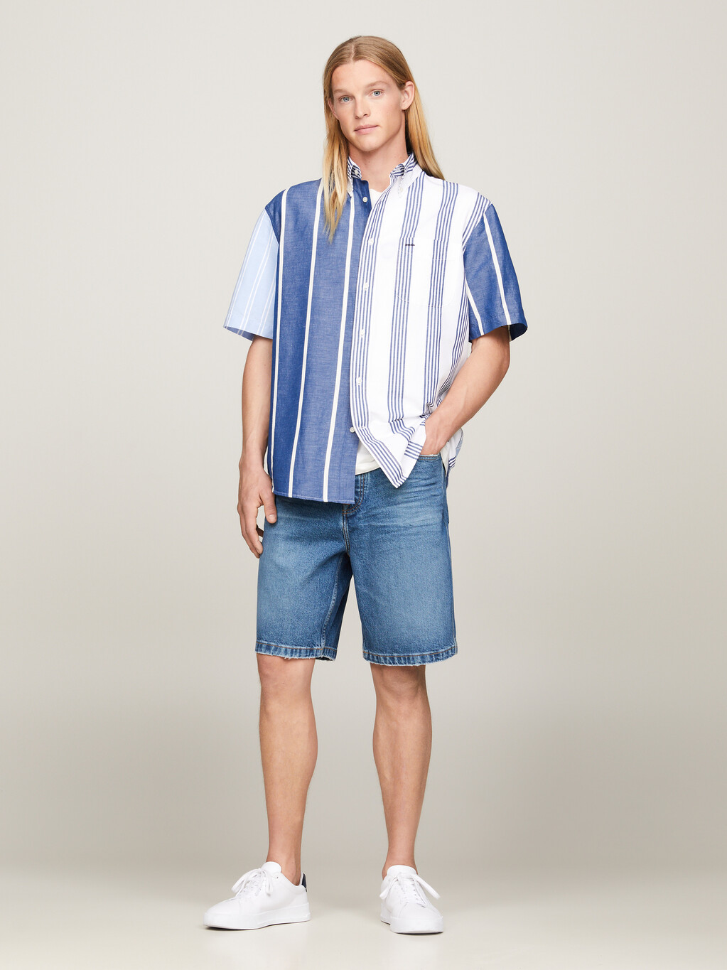撞色條紋常規短袖襯衫, Anchor Blue / Multi, hi-res