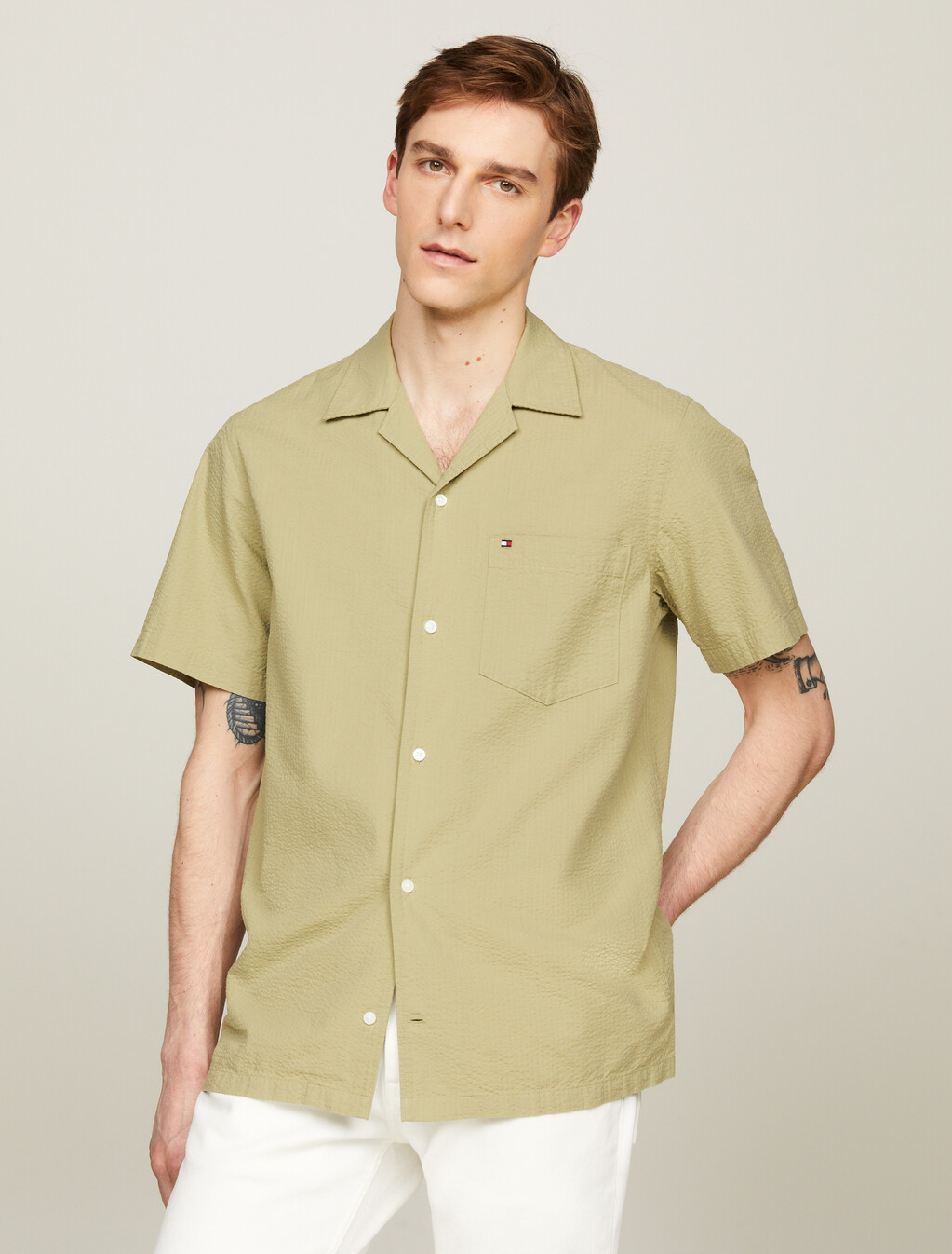 Seersucker Regular Fit Short Sleeve Shirt, Faded Olive, hi-res