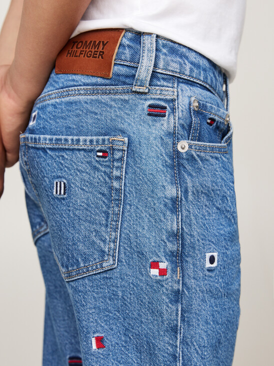 Flag Embroidery Faded Tapered Jeans