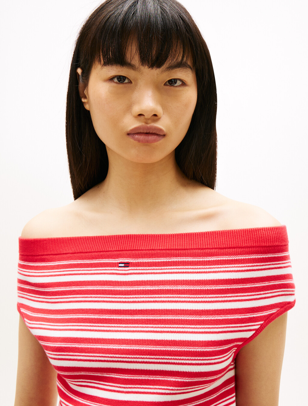 Stripe Off-The-Shoulder Slim Jumper, Red Alert, hi-res
