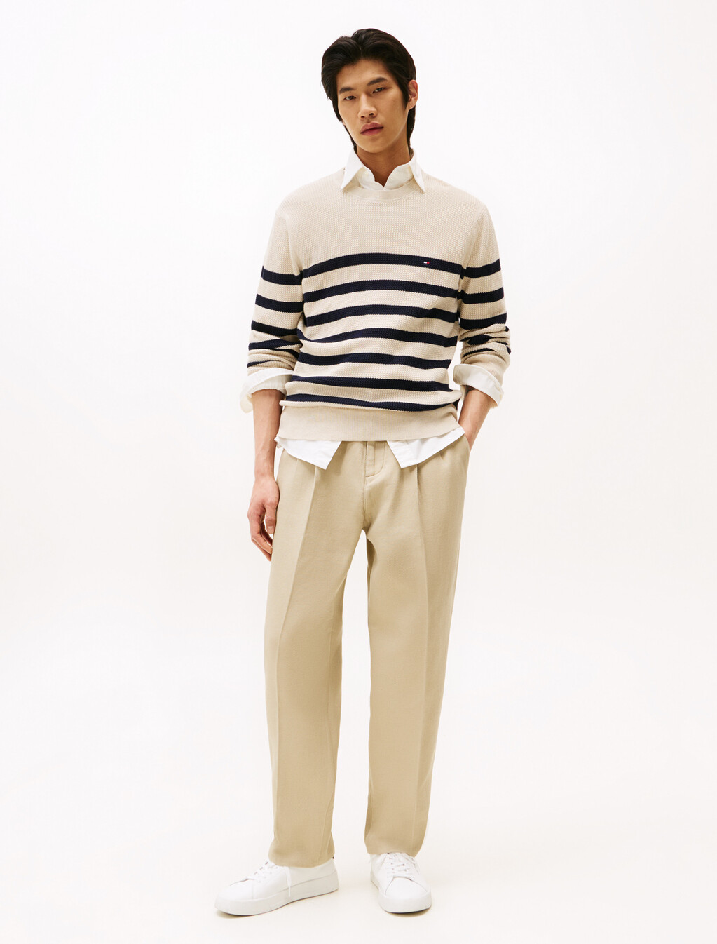 Textured Knit Crew Neck Jumper, Oatmilk Htr / Desert Sky, hi-res