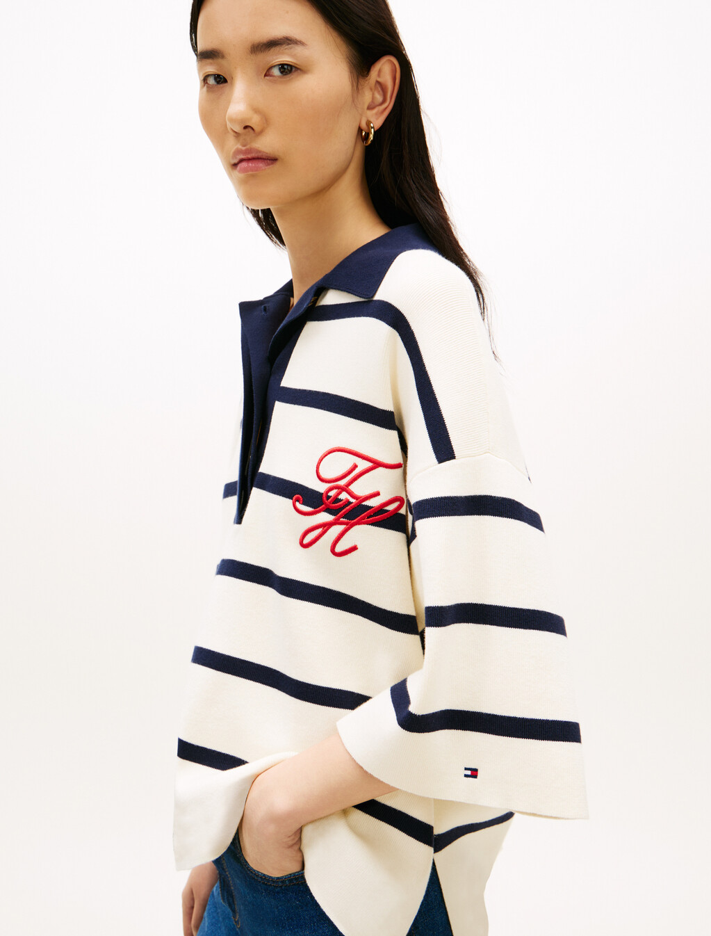 Premium Knit Gold-Tone Button Polo Jumper, Big Stp Calico/Dark N Navy, hi-res