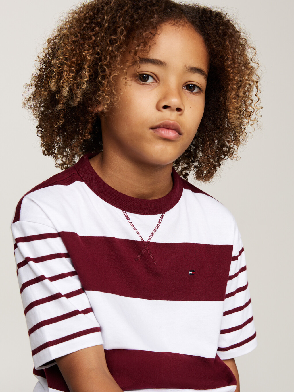 Mixed Stripe Crew Neck T-Shirt, Deep Rouge / White, hi-res