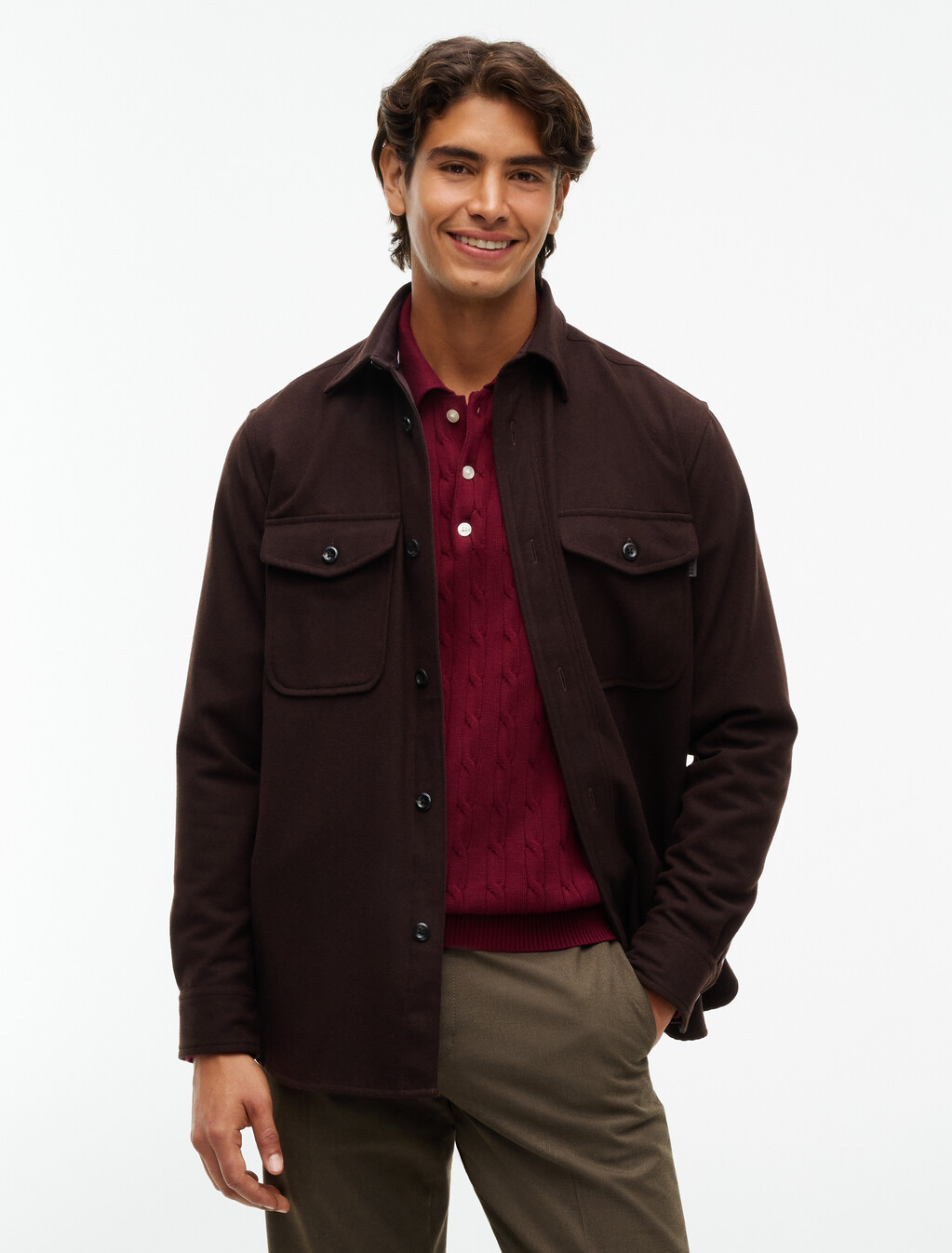 Relaxed Fit Wool Blend Shirt, Chocolate, hi-res