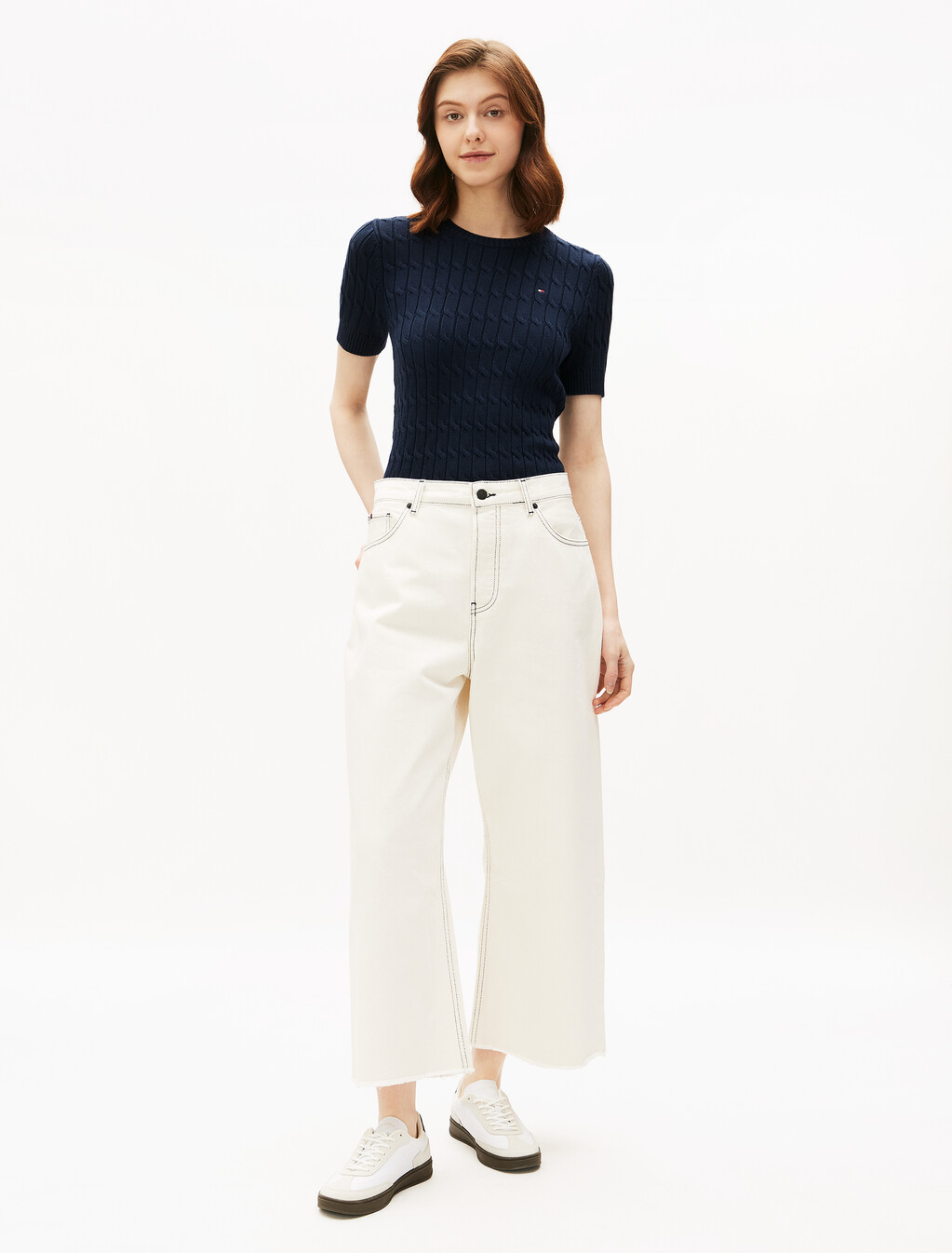 Cable Knit Short Sleeve Jumper, Dark Night Navy, hi-res