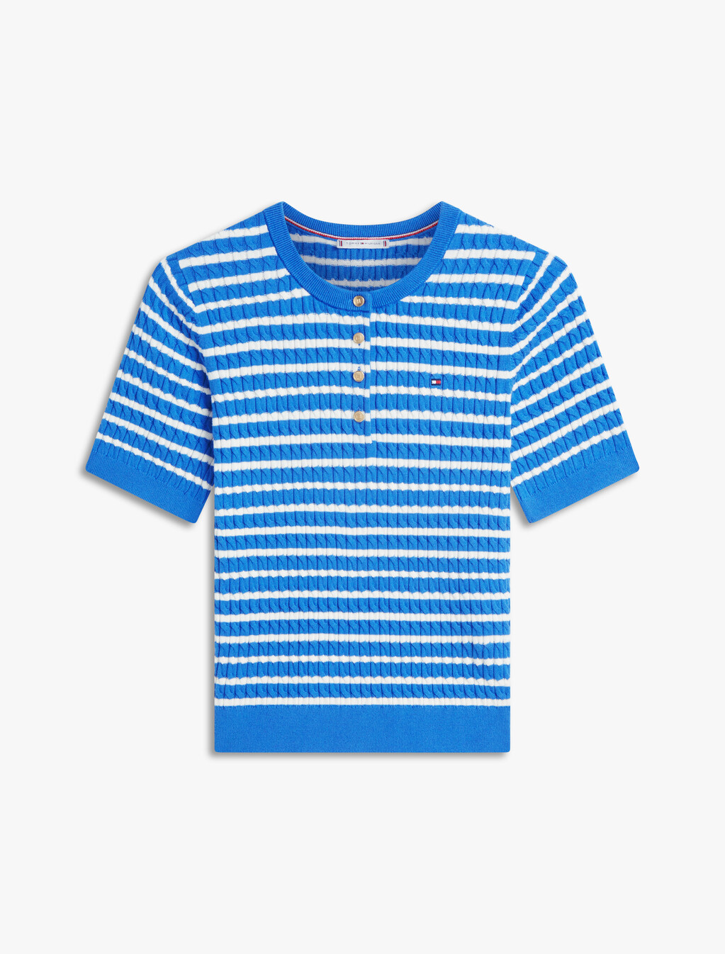 Fine Cable Knit Short Sleeve Henley Jumper, Breton Stp Blue Orbit, hi-res