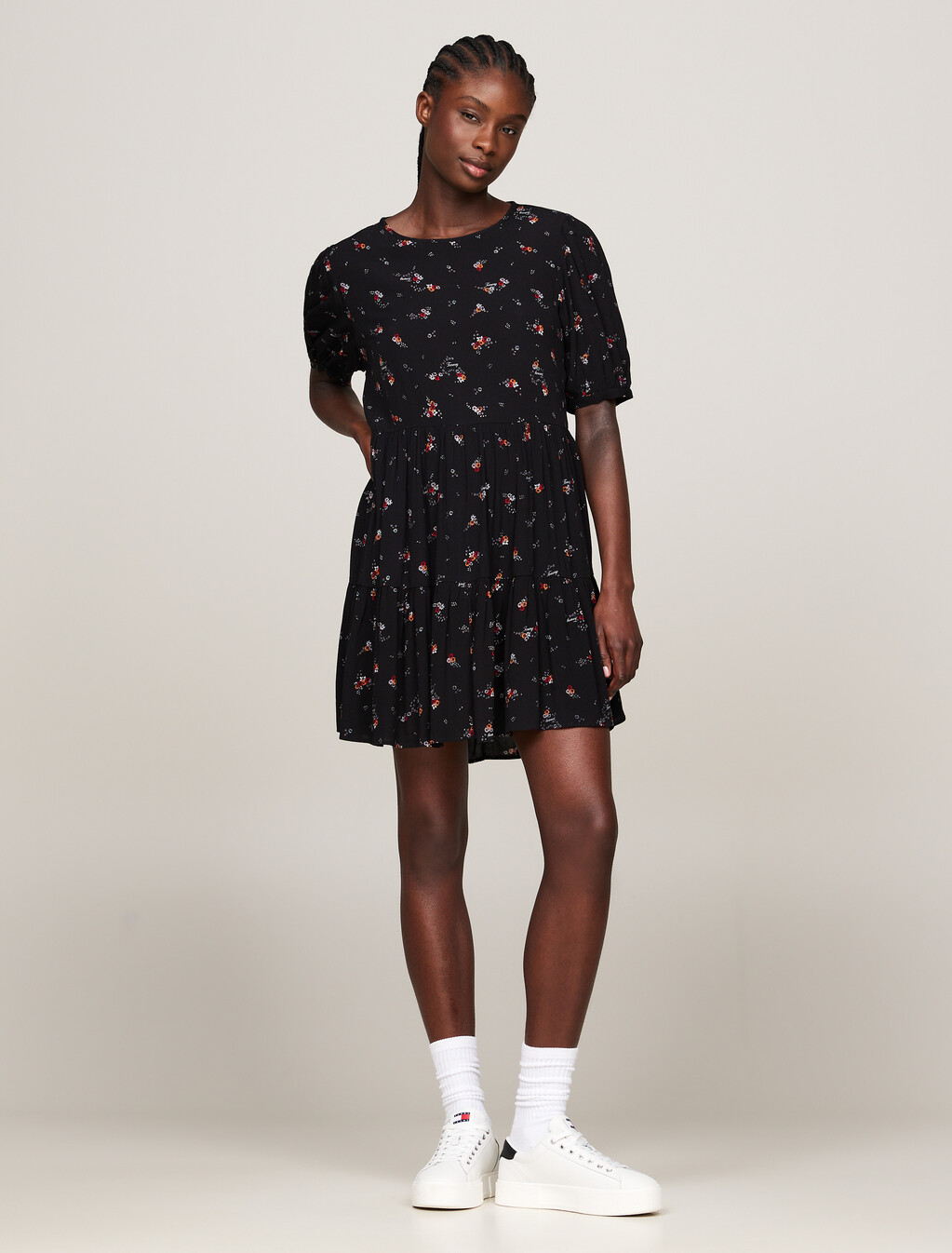 Tiered Floral Print Knee Length Dress, Black Mountain Floral, hi-res