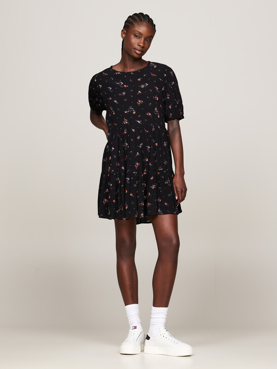 Tiered Floral Print Knee Length Dress