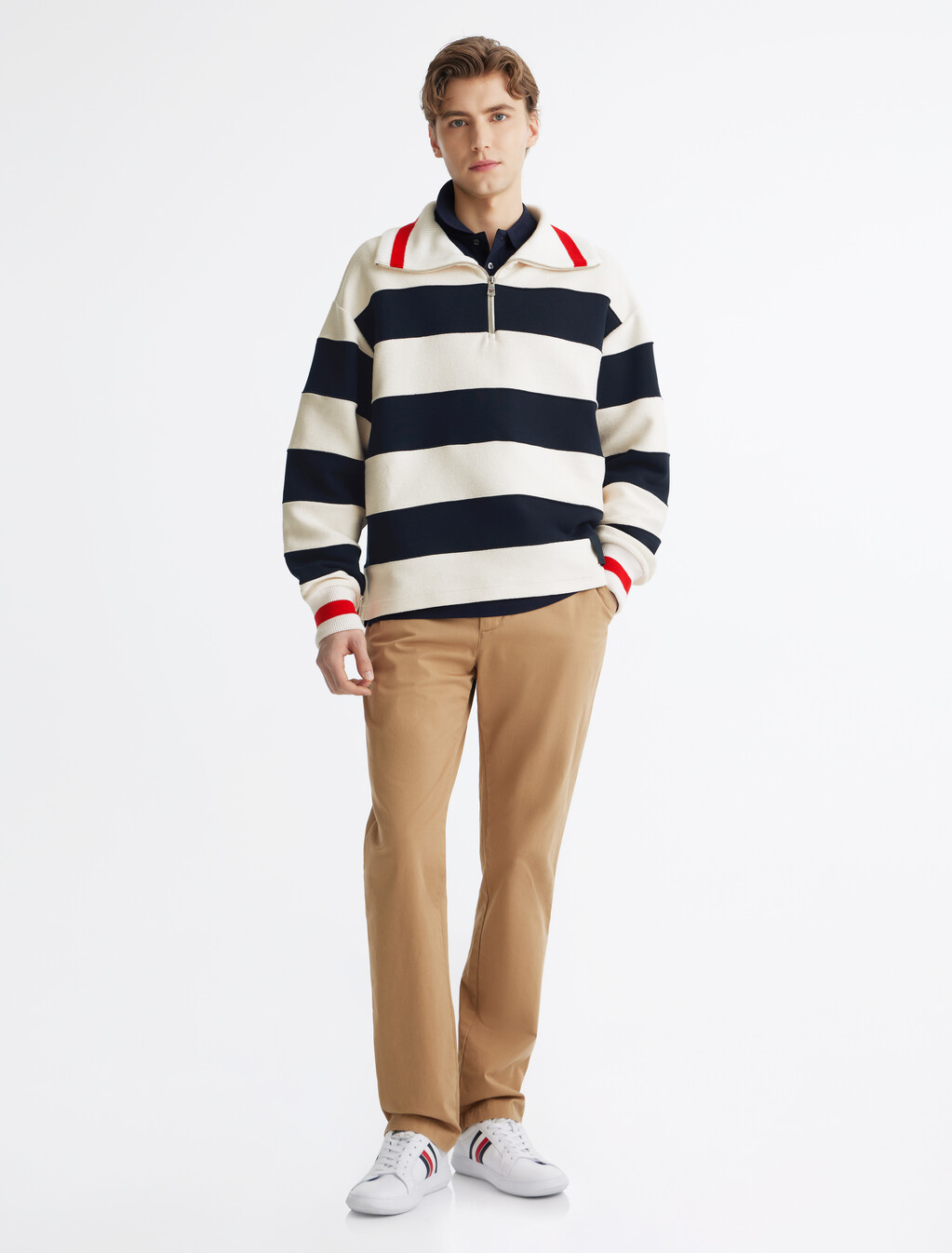 Breton Stripe Half Zip Rugby Shirt, Desert Sky/Ivory Petal, hi-res