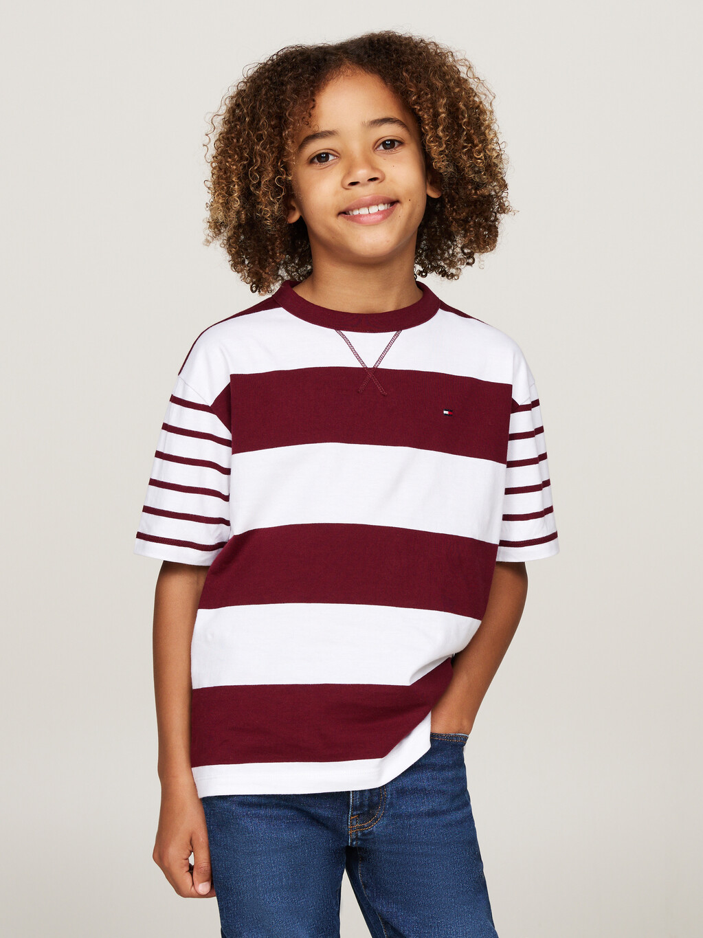 Mixed Stripe Crew Neck T-Shirt, Deep Rouge / White, hi-res