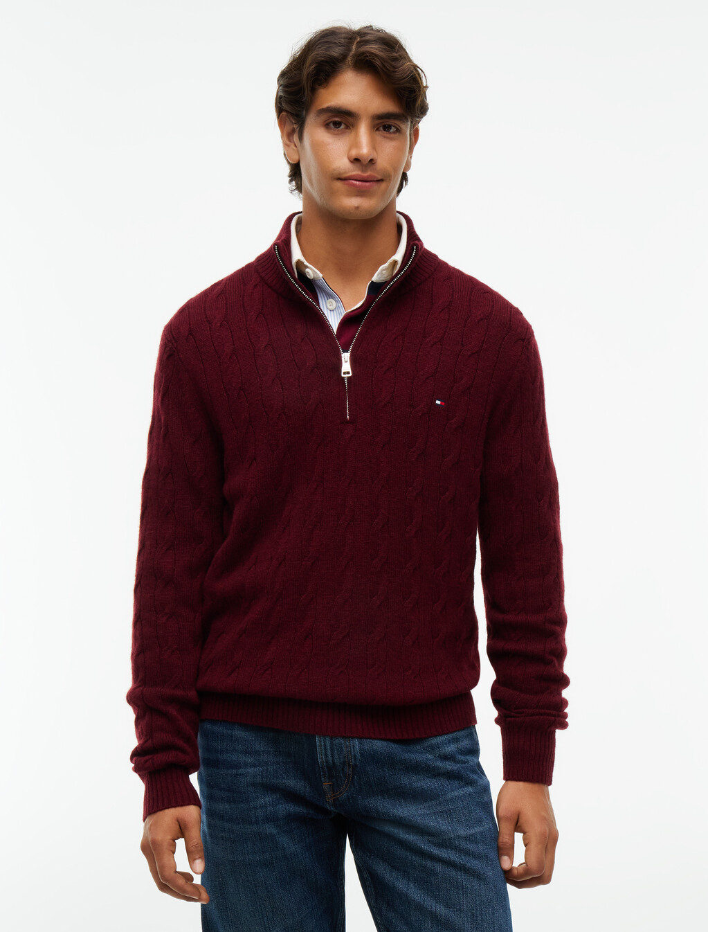 Pure Lambswool Cable Knit Quarter-Zip Jumper, Burgundy Heather, hi-res